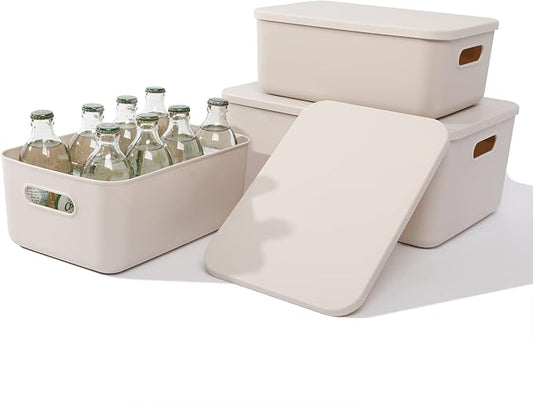 Yishyfier Plastic Storage Baskets With Lid Organizing Container Lidded Knit Storage Organizer Bins for Shelves Drawers Desktop Closet Playroom Classroom Office (M+2S, Light grey) by Yishyfier