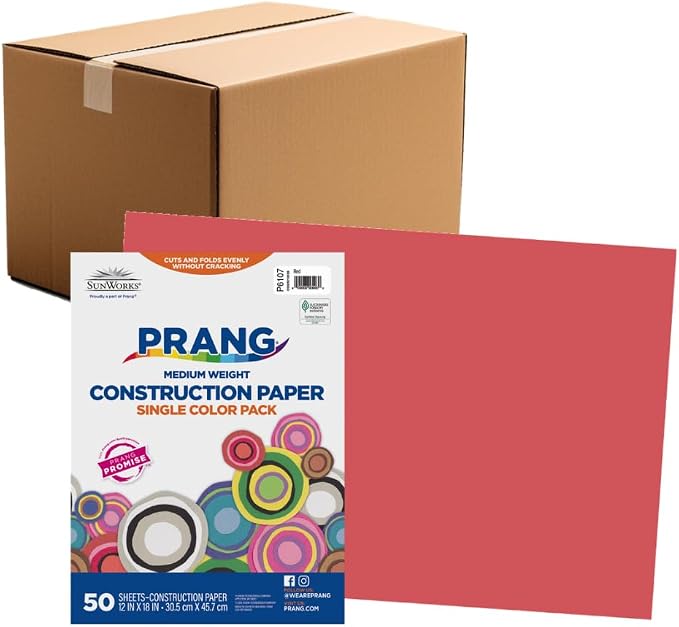 Prang Construction Paper, 12" x 18", Red, 50/Pack, 25 Packs | Formerly SunWorks, Class Pack, 1250 Sheets Total, P6107 by Prang