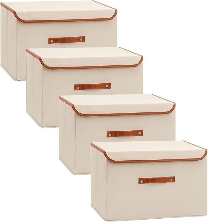 Tuza 4 Pack Large Fabric Storage Bins with Lids, Foldable Storage Boxes with Lids for Organizing, Decorative Storage Boxes with Handles for Home, Bedroom, Closet, Office(Khaki, Large) by LOVEWHEREYOULIVE