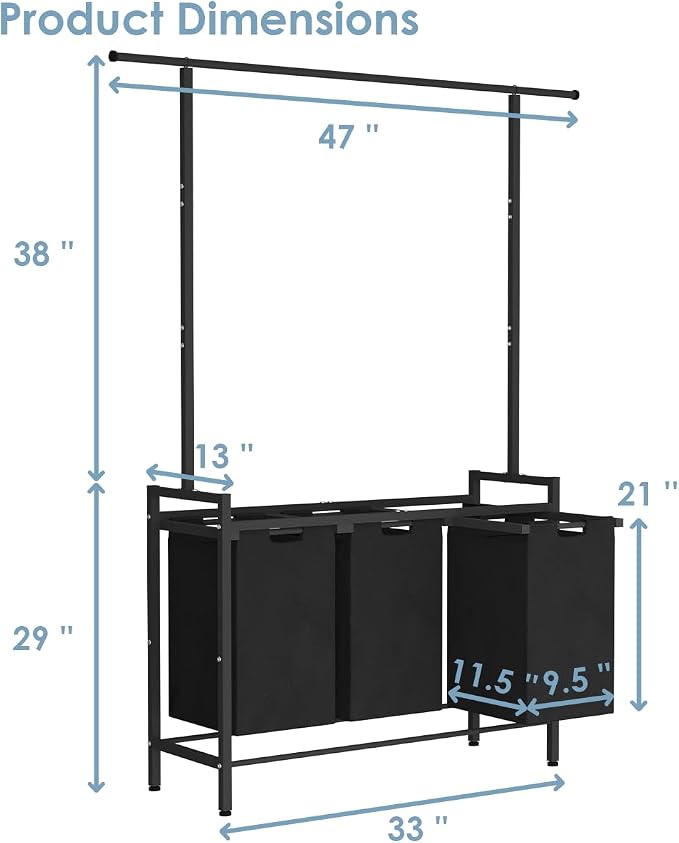 Large Laundry Hamper with Clothes Rack Hanging Bar, 10 x 3 Gal Pull-Out & Removable Sorter Bags, Freestanding Laundry Basket Organizer for Bathroom, Bedroom and Laundry Room, Black - Image 6
