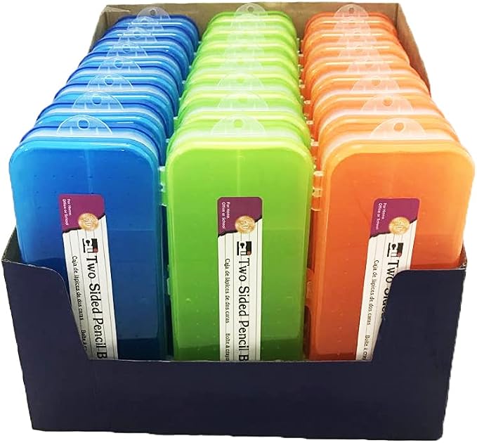 Charles Leonard Double Sided Pencil Box Pencil Case, 5 Compartment Organizer, Plastic, Assorted Colors, 8.5" W x 3.5" x 1.5" H, Bulk Pack of 24 (76310-ST) by CharlesLeonard