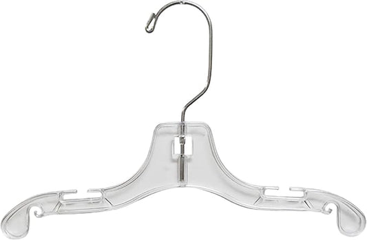 Clear Plastic Baby Top Hanger, (Box of 50) Small 10 inch Space Saving Childrens Shirt Hangers with Notches and 360 Degree Chrome Swivel Hook by The+Great+American+Hanger+Company
