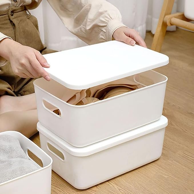 8 pack large plastic Laundry Basket/Hamper with lids and handle，White storage bins Baskets，Organizer Containers for Closet Dorm，Clothes Laundry Room Bedroom, Shelves，home (White, 6M+2S) - Image 5