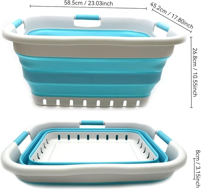 SAMMART 41L (10.8 gallon) Set of 2 Collapsible 3 Handled Plastic Laundry Basket-Foldable Pop Up Storage Container/Organizer-Space Saving Hamper/Basket (2, Grey/Bright Blue) - Image 3