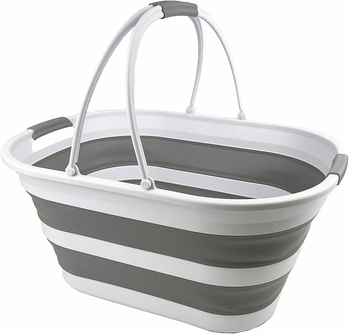 SAMMART 38L (10 Gallons) Collapsible Plastic Laundry Basket - Foldable Storage Container/Organizer - Portable Washing Tub - Space Saving Laundry Hamper (White/Grey) by SAMMART