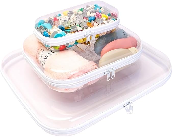 3PCS Clear Hard Shell Zipper Case 13.8 * 11.8 * 2 IN (White) | Transparent shell for easy item access. Works as cosmetic bag, toy pouch, diaper organizer and pencil case. - Image 7