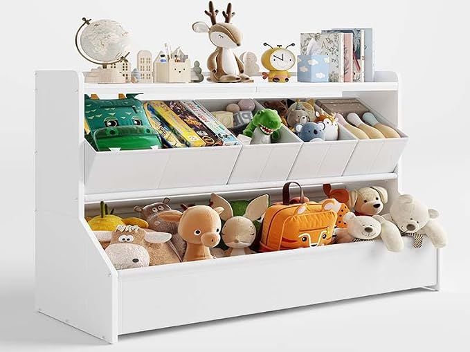 FOUCSSOMEI Extra Large Toy Storage Organizer for Kids, Wooden Toy Organizer and Storage with Bookshelf, 3 Removable Bins and Large Storage Bin, Toy Shelf for Playroom, White, Patent Design - Image 6