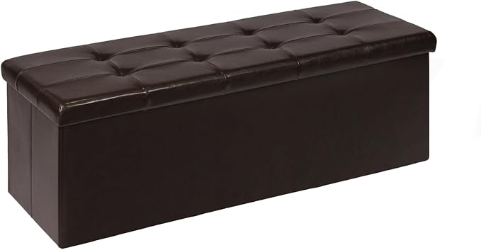 PINPLUS Folding Storage Ottoman Bench, Brown Faux Leather Long Storage Chest Footstool Seat, Bench for Bedroom and Hallway, 43.3"x15.7"x15.7" by PINPLUS