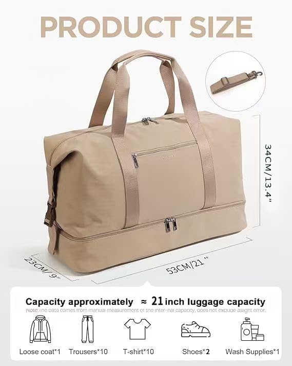 Oeihuivt Weekender Bags for Women with - 21 Inch Large Travel Duffel Bag Set with Shoe Compartment, Heavy-Duty nylon Carry On Overnight Tote Khaik-1A - Image 3