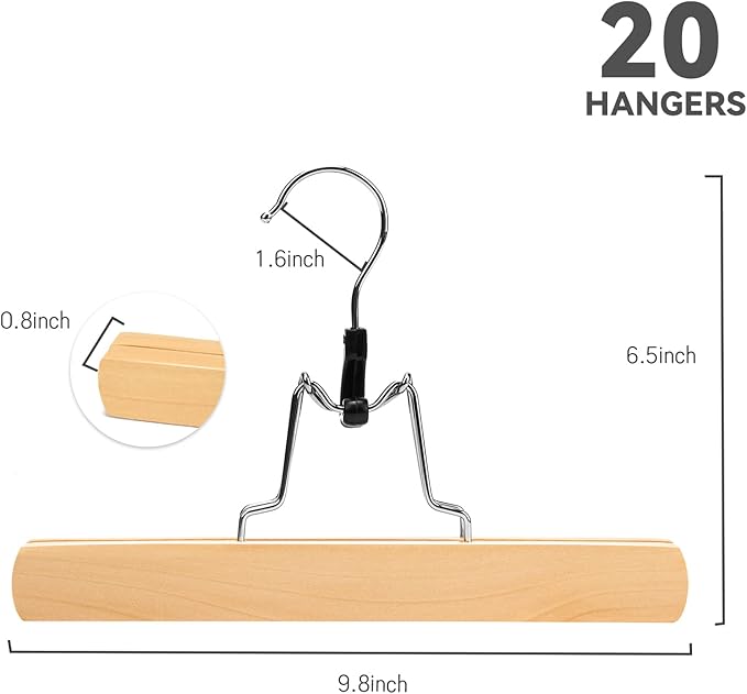 Nature Smile Wooden Pants Skirt Hangers, Smooth Finish Solid Wood Non Slip Jeans Slack Clamp Hangers Hair Extension Hangers(20Pcs Natural)… - Image 2
