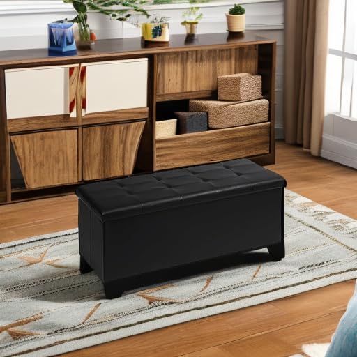 PINPLUS Folding Storage Ottoman Bench, Black Faux Leather Long Ottoman Chest, Footrest Seat, Blanket Storage for Living Room Bedroom Office Hallway, 43.3"x15"x15" - Image 5