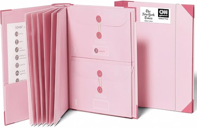 The Folio® Important Document Organizer by Savor | Binder with Guided Labels, Acid-Free File Folder Organizer with 10 Pockets, Document Holder for Home Records, Legal and Medical Papers (Pink) by Savor
