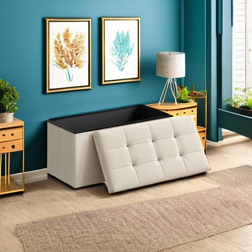 SONGMICS MAZIE Collection - 30 Inches Folding Storage Ottoman Bench, Ottoman Foot Rest, End of Bed Bench, Storage Chest, Load 660 lb, for Living Room, Bedroom, Entryway, Cream White ULSF47BE - Image 5