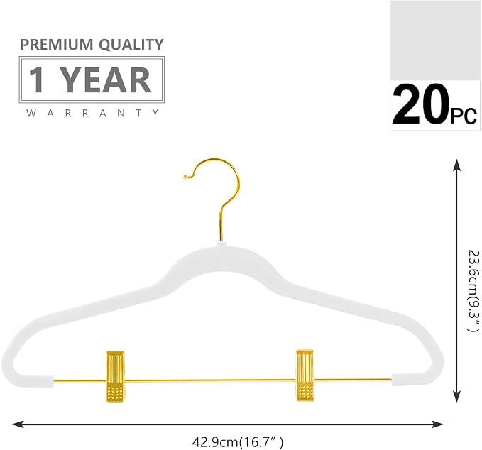 MIZGI Premium Velvet Pants Hangers with Adjustable Clips (Pack of 20) Slim Skirt Hangers- Non Slip Felt Outfit Dress Hangers White - Gold Hooks,Space Saving Shirt Clothes Hangers - Image 2