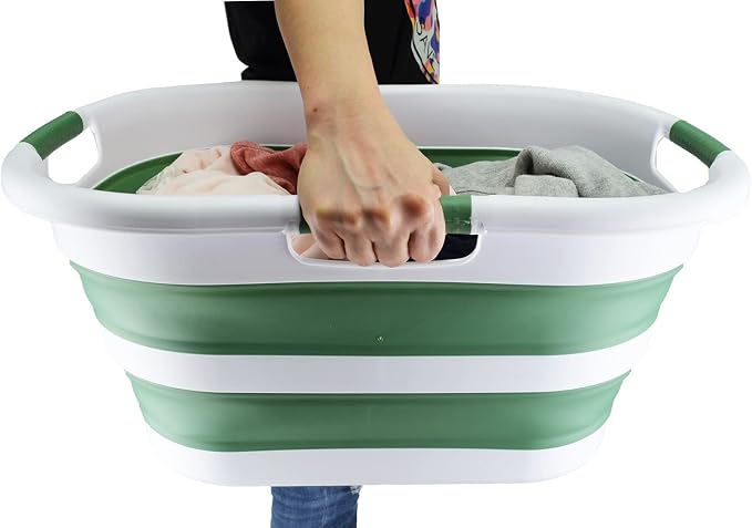 SAMMART 40L (10.5 gallon) Collapsible Plastic Laundry Basket - Foldable Pop Up Storage Container/Organizer - Portable Washing Tub - Space Saving Hamper/Basket (White/Dark Sea Green (Set of 2)) - Image 8