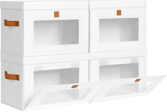 DIMJ Storage Bins with Lids - 4 Pack Front Opening Stackable Fabric Storage Boxes with Clear Window & Handles, Collapsible Closet Organizers for Clothes, Sweaters, Shelf Storage, Bedroom, White by DiMJ