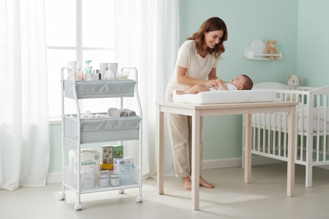 Rolling Utility Cart with Wheels, 3-Tier Diaper Cart, Rolling Nursery Cart & Baby Caddy Organizer for Nursery Essentials, Bedside/Postpartum Cart, Craft & Art Storage, Rolling Book Cart - Image 5