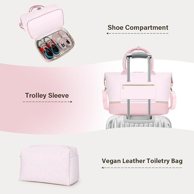 Leather Weekender Bags for Women, Travel Duffel Bag PU Overnight Bag Carry On Tote Bag with Shoe Compartment Wet Pocket - Image 3