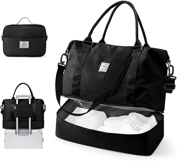 Travel Duffel Weekender Bag Women Tote Carry On Bags With Shoe Compartment | 18x14x8 inches Travel Overnight Bags with Trolley Sleeve for Airplanes Waterproof Sport Tote Gym with Toiletry Bag Black by VECAVE