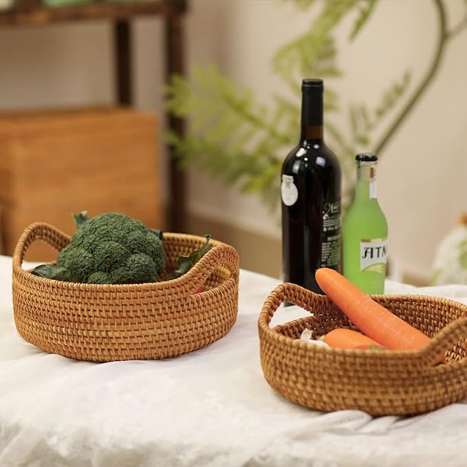 Rattan Storage Basket, Hand Woven Fruit Basket with Handles, Wicker Serving Basket, Bread Basket, Decorative Baskets for Organizing, Set of 2 - Image 5