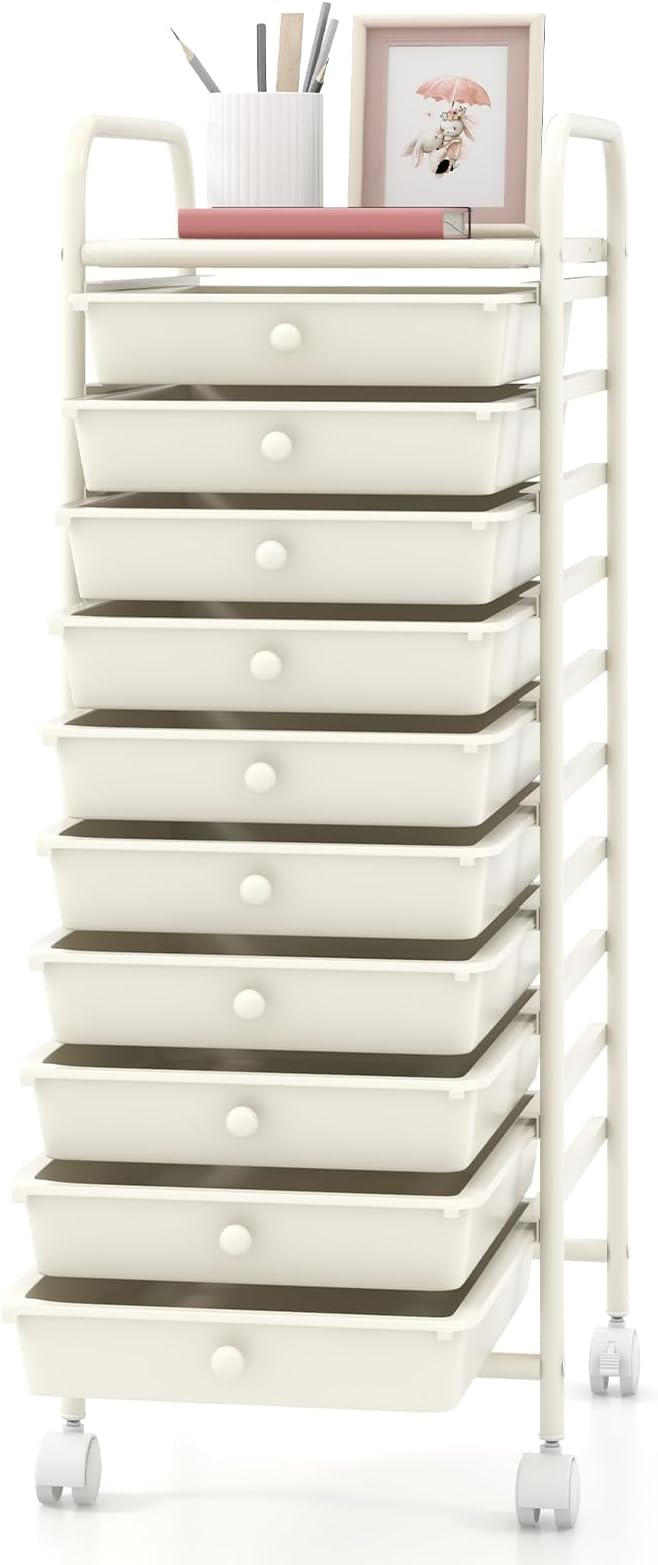 GOFLAME 10-Drawer Rolling Storage Drawer Cart, Utility Cart with Removable Drawers & Metal Frame, Mobile Art Craft Drawer Cart with Lockable Wheels for Home, Office, Studio, School, White by GOFLAME