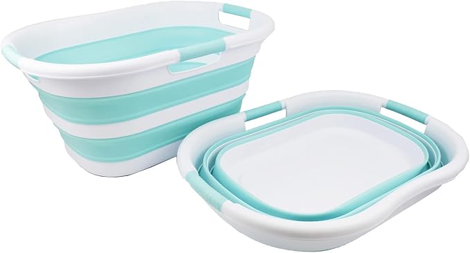 SAMMART 40L (10.5 gallon) Collapsible Plastic Laundry Basket - Foldable Pop Up Storage Container/Organizer - Portable Washing Tub - Space Saving Hamper/Basket (White/Lake Green (Set of 2)) - Image 2