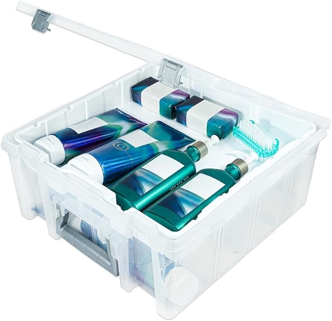 Best Kept Super Satchel Double Deep with Lift-Out Tray, Clear | Lift-Out Tray Plus Removable Dividers, 15.25 x 14 x 6.25 Inches, Silver Latches, Stackable Polypropylene by BestKept