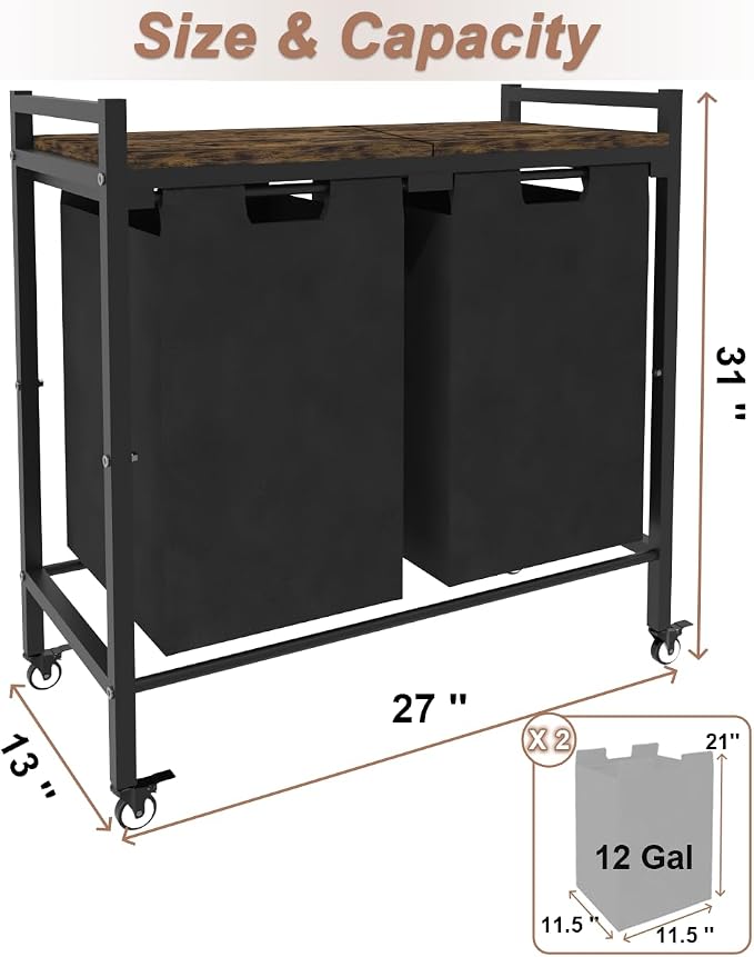12 x 2 Gal Large Laundry Hamper with Wheels, 2 Pull-Out & Removable Sorter Bags, Freestanding Clothes Basket Organizer for Clothing or Toys in Bathroom and Living Room, Rustic Brown and Black - Image 7