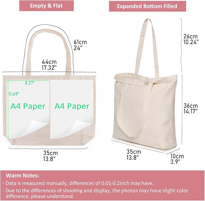 Koolmox Canvas Tote Bags with Zipper, 6-Pack 17x14'' Cotton Tote Bag with Flat Bottom, Reusable Washable Grocery Shopping Bags Plain Totes for Women DIY Art Crafts Painting Embroidery Decoration - Image 6