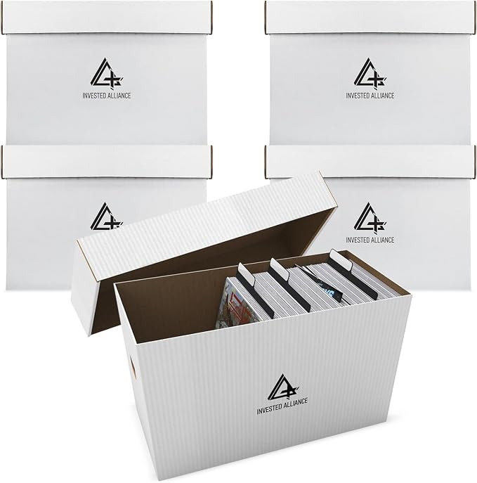 Premium Short Comic Book Storage Box Organizer with Lid | Thick Cardboard Comic Storage Box For Collectibles Fits 150-175 Current/Silver Age, Heavy Duty & Stackable. by InvestedAlliance