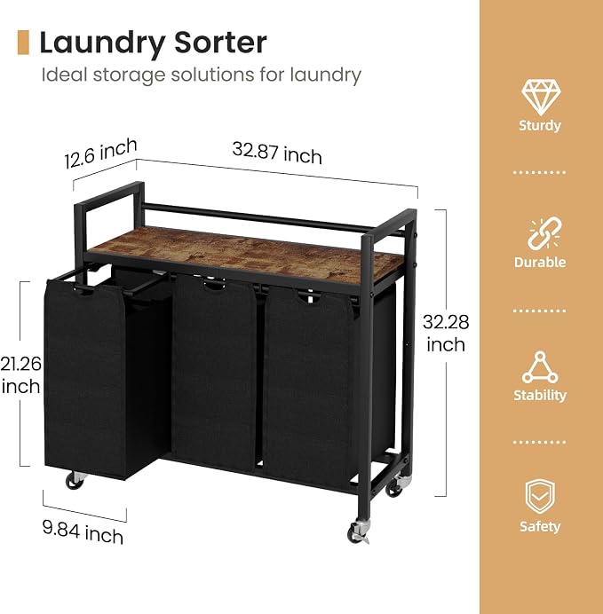 SwaaVee Laundry Sorter, Laundry Hamper 3 Section, 3×11.4Gal, Metal Frame Rolling Laundry Basket with Wooden Top Shelf, Pull out and Removable Laundry Bags, 3 Bags-Black - Image 2