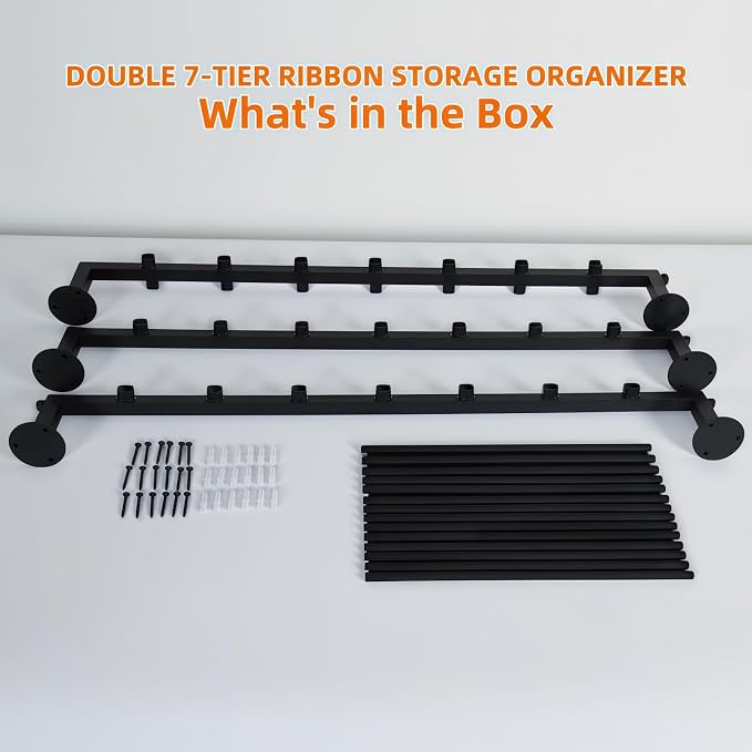 7-Tier Double Row Ribbon Storage Organizer , Wall Mounted Ribbon Organizer | 14 Removable Rods Craft Room Storage Rack. Perfect for Flower Shops, DIY Yarn, Gift Bags & Wrapping Paper Organization - Image 7
