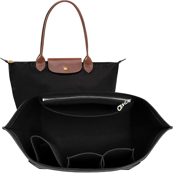 Purse Organizer Insert for Longchamp Le Pliage Tote, Large Bag Organizer with YKK Zipper Pocket & Cup Holder, Handbag Shaper for Women, Fits Original/Green/Energy L Tote, Black-WL by Doxo