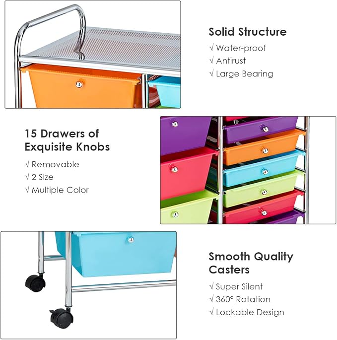 RELAX4LIFE 15 Drawer Rolling Storage Cart, Mobile Drawer Carts for Craft Art Supply Paper Salon, Utility Cart on Wheels for Classroom Teacher School Office, Rolling Cart with Drawers (Multi-Color) - Image 5