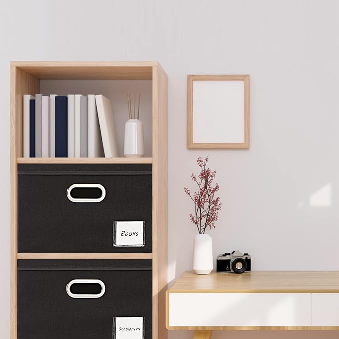 LHZK Extra Large Storage Bins with Lids 6 Pack, Foldable Linen Fabric Storage Boxes with Lids, Sturdy Fabric Storage Bins with Label & 3 Handles for Shelves Bedroom Home Office (Black, Extra Large) - Image 3