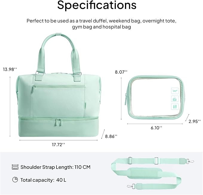 Travel Duffle Bag for Women, 40L Weekender Bags Airline Approved Carry On with Shoe Compartment & Waterproof Wet Pocket, Durable Nylon Weekender Overnight Bag for Travel, Gym, Business Trip, Green - Image 3