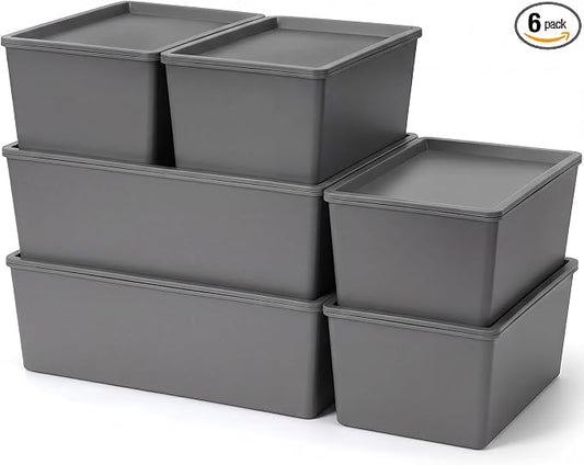 6 Pcs Plastic Storage Bins with Lids Stackable Storage Containers Durable Box Baskets for Organizing Shelves Playroom Classroom Office (Large and Small,Grey) by Menkxi