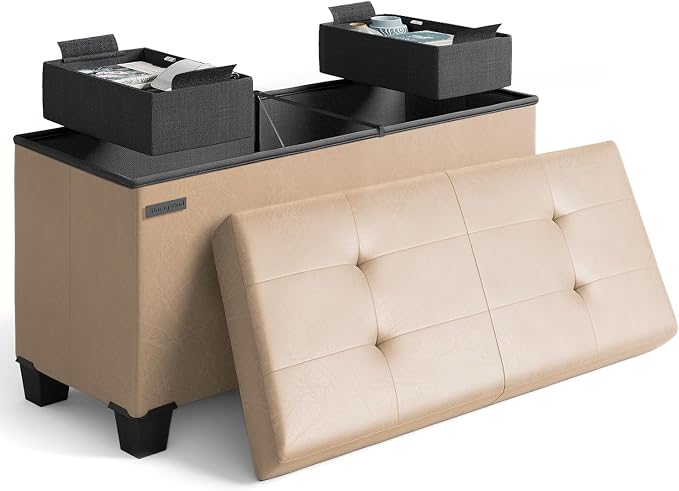 Storage Ottoman Bench with Bins, 30-in Storage Bench for Bedroom End of Bed, Folding Foot Rest Ottoman for Living Room Max 660lbs, Leather Ottomans, Taupe by STORAGEBUD