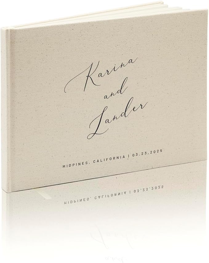Personalized Linen Guest Book (Design 4) - 9 x 7.5 Hardcover Custom Wedding Guestbook Bride Groom Name Date Location Venue, Reception Ceremony Engagement Party Keepsake Signing Book w/ 120 Blank Pages by ModernAlbumDesigns