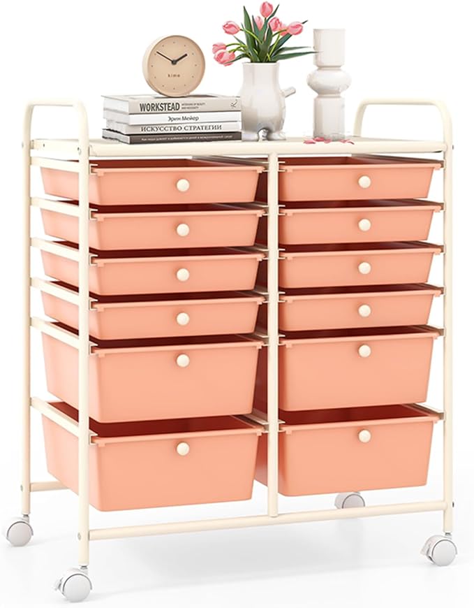 12 Drawer Rolling Storage Cart, Craft Cart Organizer on Wheels w/Metal Frame, Large Capacity & Smooth Drawer, Rolling Cart w/Drawers for Classroom, Office by LDAILY