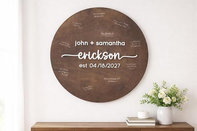 Personalized Round Guest Book Alternative Sign, Unique Guest Book Sign, Custom Alternative Guest Book, Wooden Guest Book, Wedding Ceremony Guestbook Sign (Design 7) - Image 5