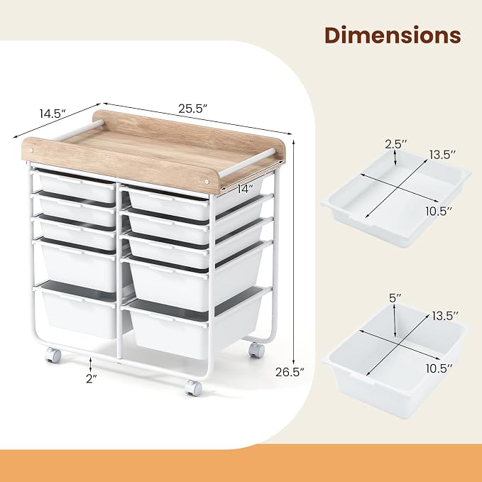 Giantex Rolling Storage Cart with 10 Drawers, Utility Cart w/Wooden Tabletop, Handle, Lockable Wheels, Multipurpose Organizer for Art Craft Scrapbooks Paper, Drawer Carts for Dorm School Office, White - Image 3