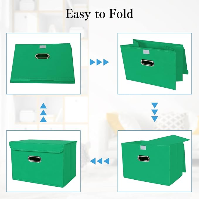 STOREONE Fabric Storage Cube Bins Foldable Organizer Container Collapsible Basket with Lids and Metal Handles, for Home, Bedroom, Closet 3 Pcs (Green) - Image 6