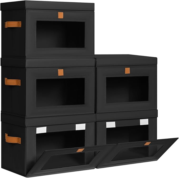 DIMJ Storage Bins with Lids - 5 Pack Front Opening Stackable Fabric Storage Boxes with Clear Window & Handles, Collapsible Closet Organizers for Clothes, Sweaters, Shelf Storage, Bedroom, Black by DiMJ