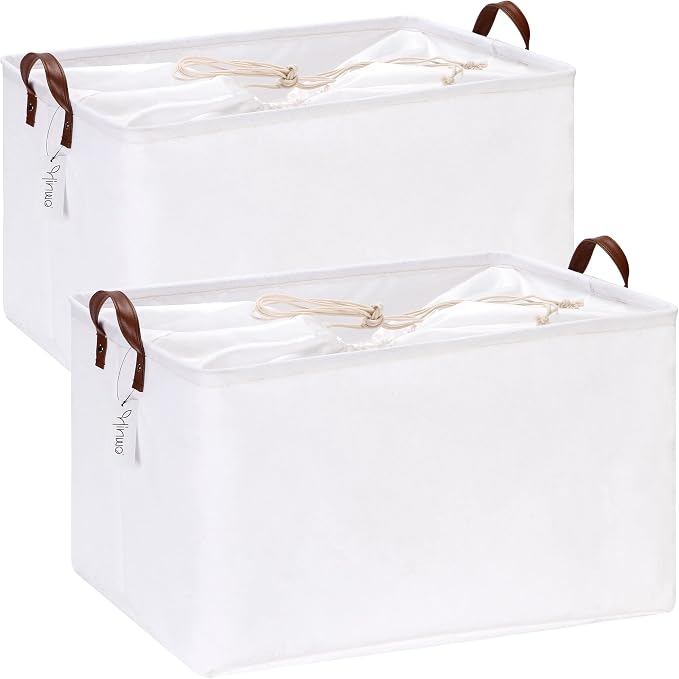 Hinwo 2-Pack Extra Large Canvas Fabric Storage Baskets with Handles, 70L Oversized Storage Bins, Collapsible Storage Box, Clothes, Toys, Blankets Organizers, 22 x 15 x 13 inches, (White) by Hinwo