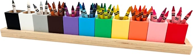 Wooden Crayon & Colored Pencil Holder, 11 Cups, Classroom (Large) | Montessori Color Sorting Caddy, 11 Beechwood Cups Plus 8 Bonus Stencils, Hold Crayons Pencils Markers, Toddler & Teacher Gift by OKKOSTAR