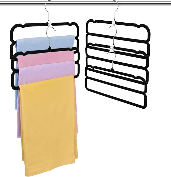 10 Pack Velvet Pants Hangers Space Saving, Non Slip 2-Layer Hanger (Black) | Heavy Duty Flocked Trouser Hangers,pants organizer for closet with Swivel Hook, Felt Jean Hangers for Women and Men - Image 3