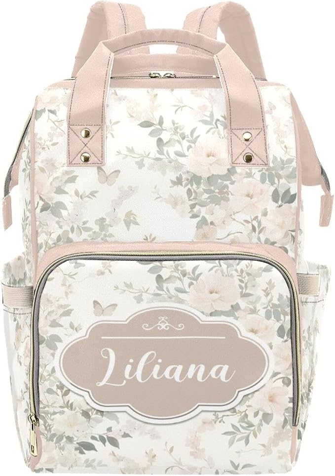 Floral Personalized Baby Diaper Bag – Custom Name Waterproof Nappy Backpack with Multi Compartments – Stylish Gift for Mom, Dad, Baby Shower & Outdoor Travel by Unknown