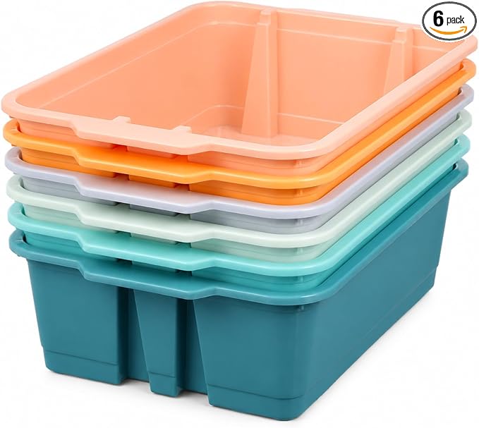 6 Pack Plastic Book Bins For Classroom Stackable Classroom Organizer with Handle Cubby Bins for School Library Office Home Nursery Playroom Organization(Boho) by Yakydesign
