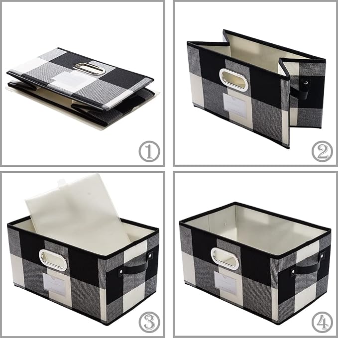 Fodable Storage Bins for Closet [3-pack] Decorative Fabric Storage Baskets Cubes with Leather/Metal Handles for Shelves Bedroom Living Room Black and White Grid (11.5x8.5x6.7 Inch) - Image 4